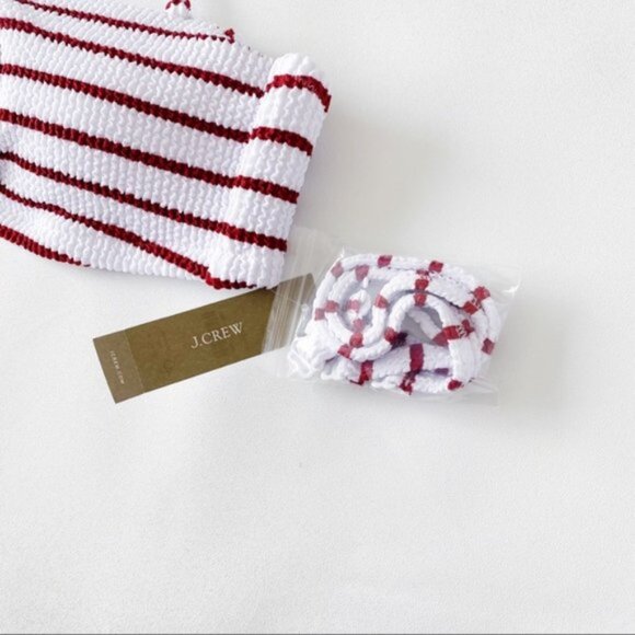 J. Crew | Scrunchie Ring Bandeau Bikini Top Stripe White Racing Red Textured New - Picture 7 of 15